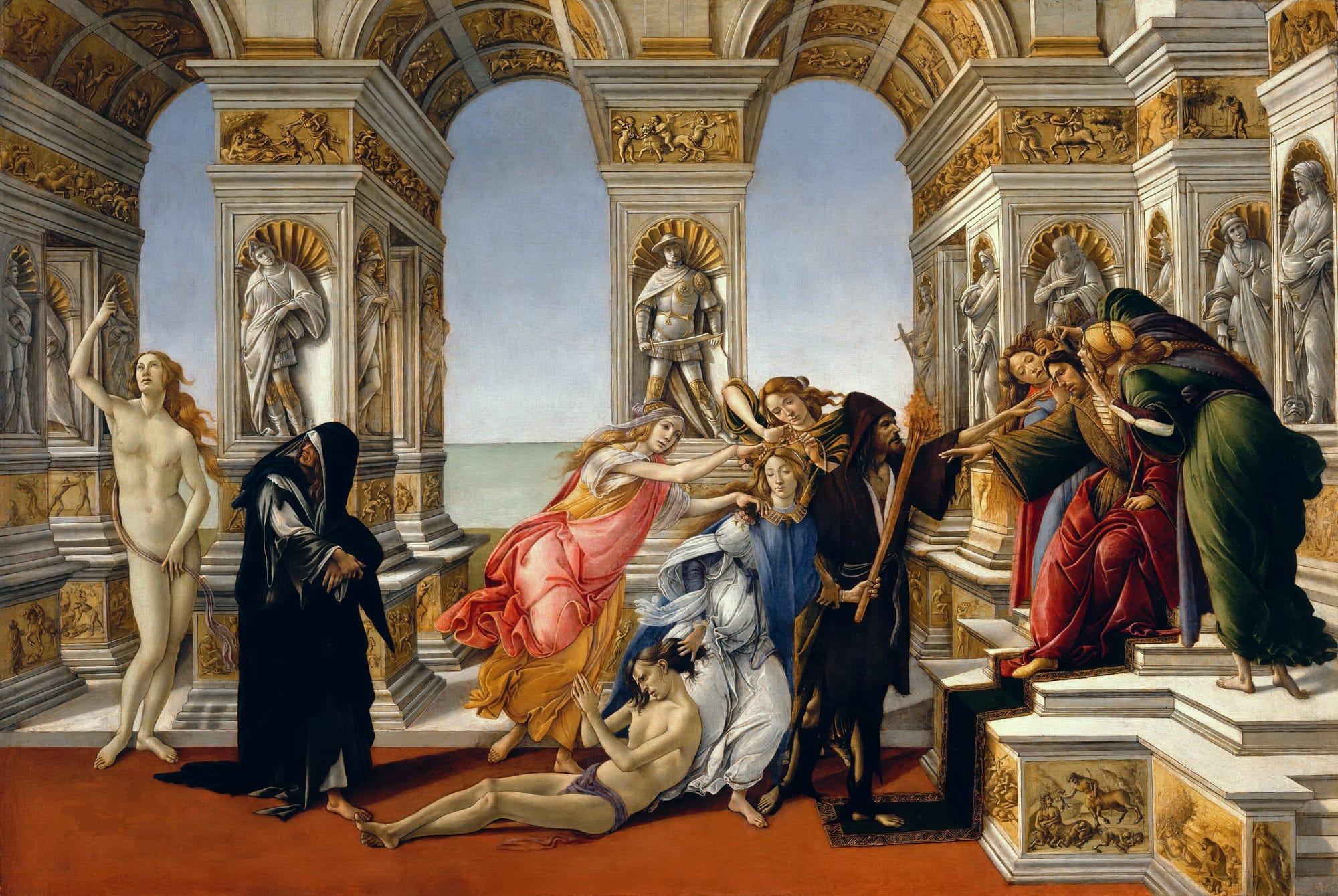 Calumny of Apelles by Sandro Botticelli, with the figure of naked Truth at far left